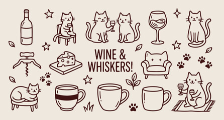 Wine and whiskers, cat drinking wine, feline pet doodle, cozy home vector, cat lover line art, wine glass pattern, hand drawn pet art  © Geetaroy