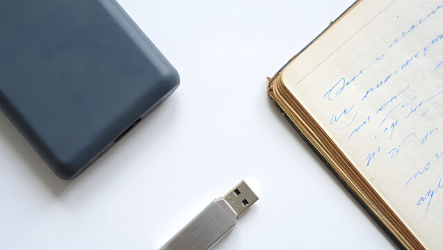 Modern devices next to vintage notebook