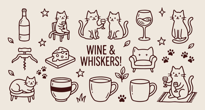 Wine and whiskers, cat drinking wine, feline pet doodle, cozy home vector, cat lover line art, wine glass pattern, hand drawn pet art
