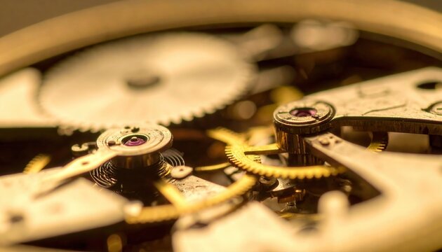 Vue d&eacute;taill&eacute;e de l'int&eacute;rieur d'une montre m&eacute;canique avec des engrenages en laiton et des composants de haute pr&eacute;cision sous une lumi&egrave;re chaude.