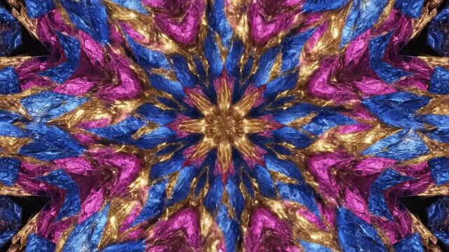 Vibrant abstract design with swirling blue, pink, and gold patterns forming a circular floral-like shape on a black background.