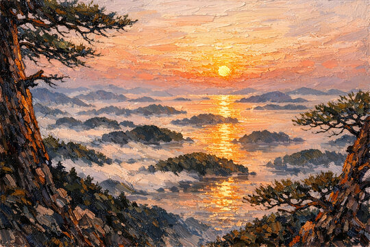 Misty Sunrise Over Seto Inland Sea Archipelago - Heavy Impasto Oil Painting of Islands in Morning Haze Framed by Pine Trees Japan