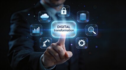 Fototapeta premium Businessman pressing digital transformation button on futuristic holographic interface with icons for cloud security data analytics automation and settings symbolizing innovation