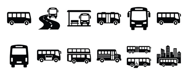 Collection of black bus icons in various styles and scenarios, representing public transportation © Mr. Stocker