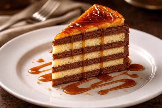An elegant slice of Hungarian Dobosh cake with caramel drizzle on a white plate