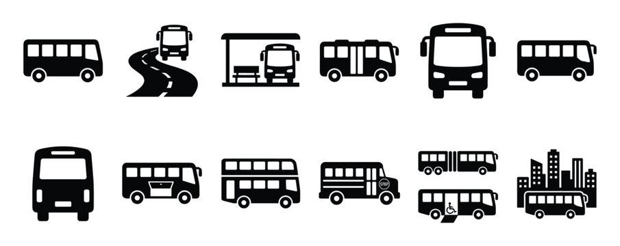 Collection of black bus icons in various styles and scenarios, representing public transportation
