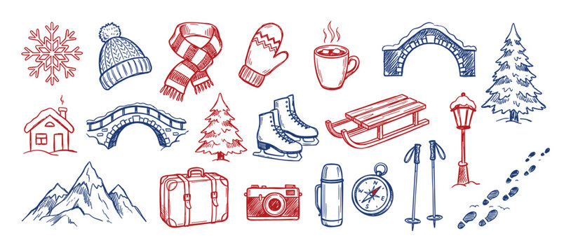 Various hand-drawn winter season elements and travel objects, including a snowflake, hat, scarf, mittens, and ice skates, depicted in a charming sketch style
