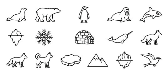 Fototapeta premium Collection of black outline icons depicting various arctic animals, an igloo, mountains, icebergs, and a snowflake