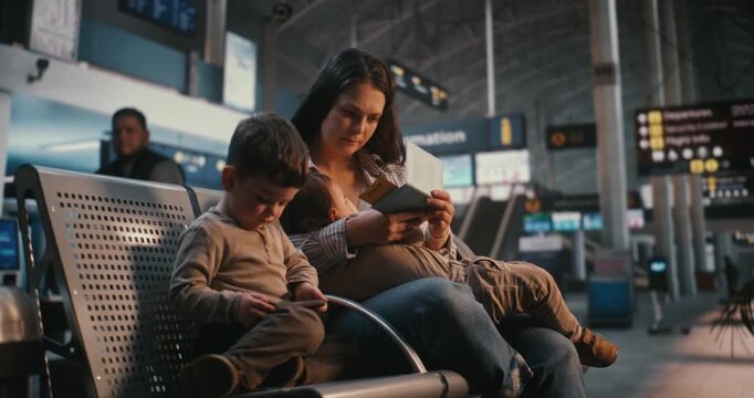 Mother Calmly Breastfeeds Baby While Older Son Sits Nearby With Smartphone in modern airport. Concept of Multitasking Parent, Nursing in Public Terminal, and Lifestyle Young Family on Holiday Journey.
