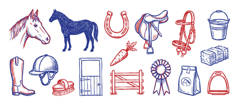 Various hand-drawn horse riding and equestrian sport elements are depicted in a vibrant red and blue sketch style