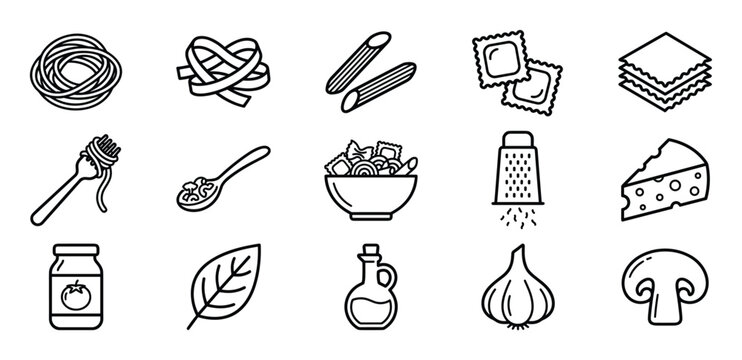 Collection of black outline icons depicting various pasta types, ingredients, and cooking tools for Italian cuisine