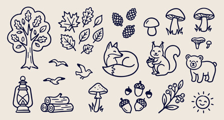 Fototapeta premium Wild forest animals, fox and squirrel, autumn woods background, nature wildlife vector, forest leaves pattern, woodland creature line art, hand drawn forest doodle 