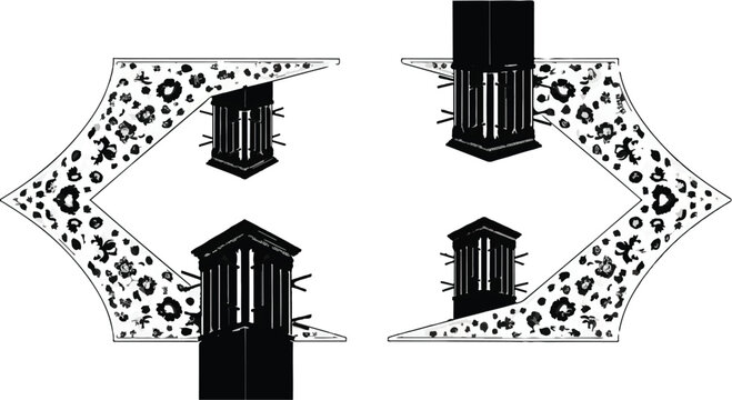 Abstract symmetrical pattern with vintage lantern motifs and geometric shapes.