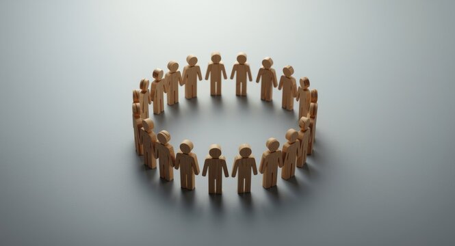 Symbolic unity shown through a circle of lively wooden blocks illustrating people and data centralization