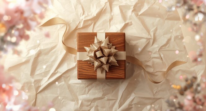 Top perspective of a wooden keepsake box with paper and an ornamental bow