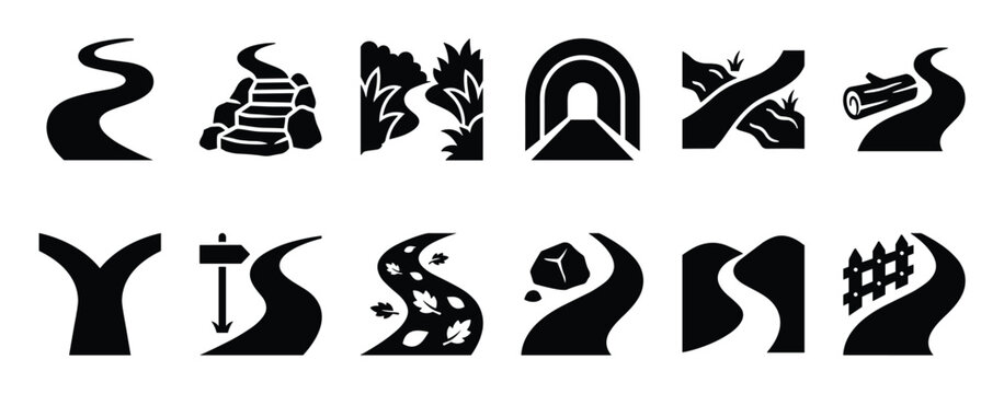 Collection of various black silhouette road and path icons, depicting different natural and man-made obstacles and features