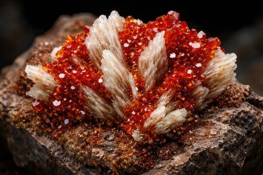 Close up of a barite and vanadinite crystal cluster on rough stone rock geology mineral specimen