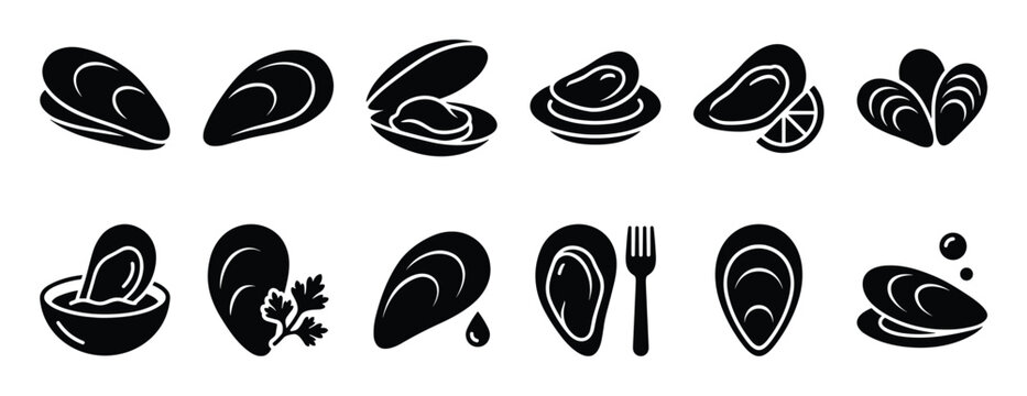 Collection of black silhouette mussel icons featuring various presentations of the shellfish, including open, closed, and served with lemon or parsley