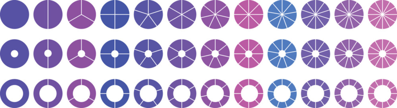 Circle pie chart diagram. Circle division infographic icon set. Loading bar set diagram multicolored collection. Pie chart divided 1,2,3,4,5,6,7,8,9,10, 11, 12 equal parts.	
