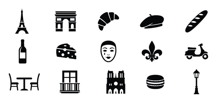 Collection of black silhouette icons representing French culture, landmarks, food, and symbols, presented in a clean, graphic style