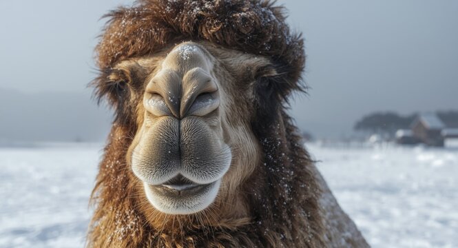 Winter season close up focusing on majestic camel features