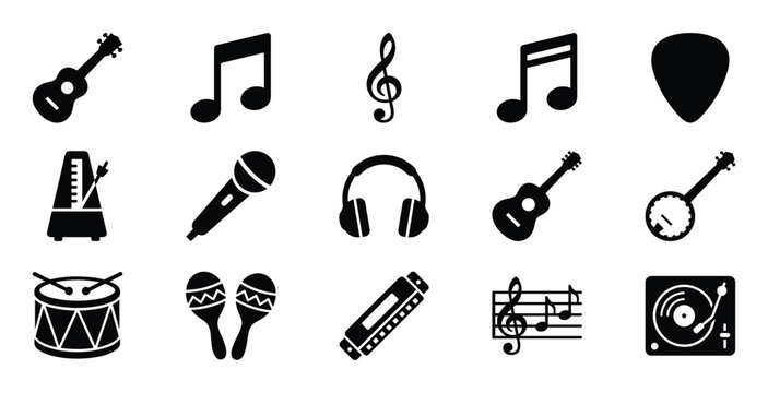 Collection of black silhouette music icons including instruments, notes, and audio equipment arranged neatly on a white surface