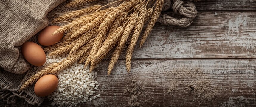 Wheat sheaves, flour bag, and eggs artfully arranged on a weathered wood surface