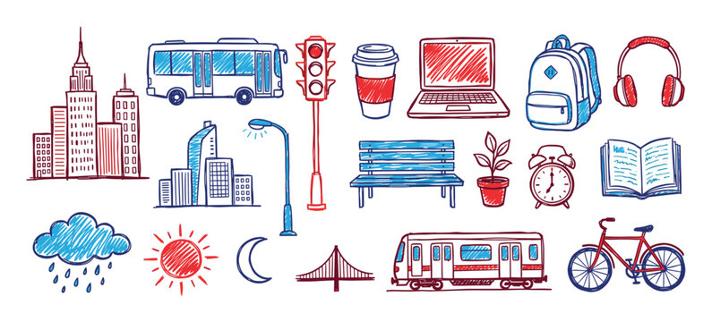 Various hand-drawn doodle icons representing city life, transportation, education, and daily objects in a vibrant red and blue color palette