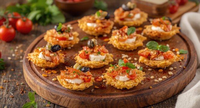 Vegetarian Italian appetizer featuring crispy frisella with cherry tomatoes cheese tuna and olives on rustic wooden platter