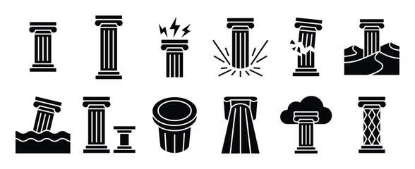 Fototapeta premium Collection of black silhouette column icons depicting various architectural styles and states, presented in a clean, graphic vector illustration