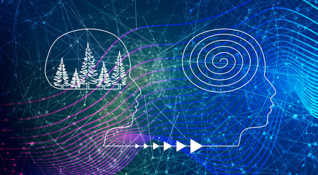 Personal growth and development. Business and education concept. Metaphor of problem solving, difficult situation. Behavior correction. Deep forest in one head and order spiral in another.