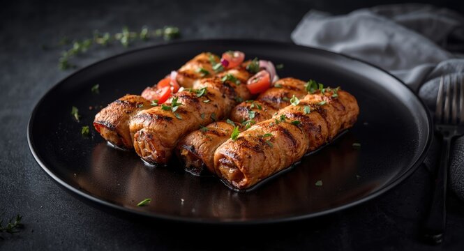 Tender grilled cevapcici rolls with fresh thyme salad on a black contemporary plate