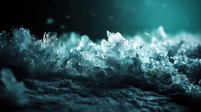Gros plan macro d&eacute;taill&eacute; de cristaux de glace givr&eacute;s avec un &eacute;clairage bleu sarcelle sombre cr&eacute;ant une atmosph&egrave;re hivernale myst&eacute;rieuse et abstraite.