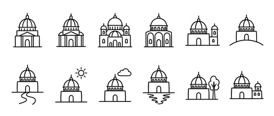 Fototapeta premium Collection of various outline icons depicting different domed buildings and architectural structures in a simple, linear style