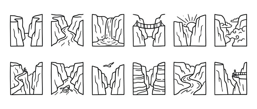 Collection of twelve simple line art illustrations depicting various canyon landscapes and natural features