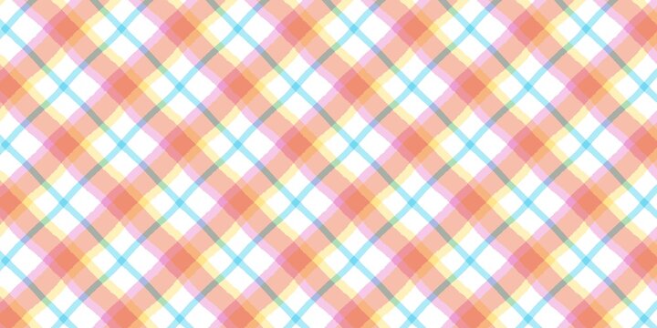 Seamless watercolor plaid pattern with pastel pink, orange, yellow, and blue stripes. Bright checkered background for summer textile, wallpaper, and stationery design.