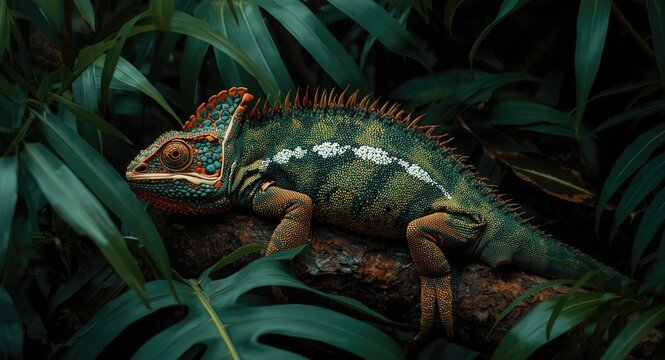 Furcifer pardalis resting among dense tropical plants