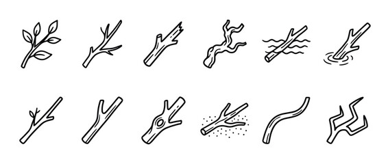 Obraz premium Collection of various hand-drawn tree branches and twigs in a simple black outline style, depicting natural elements