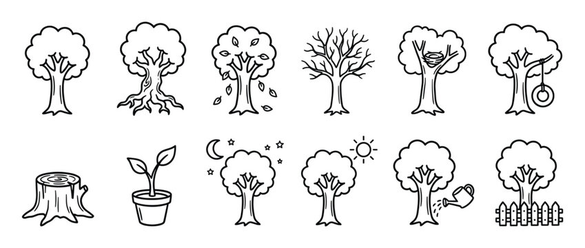Collection of simple black outline tree icons depicting various stages of growth, seasons, and activities