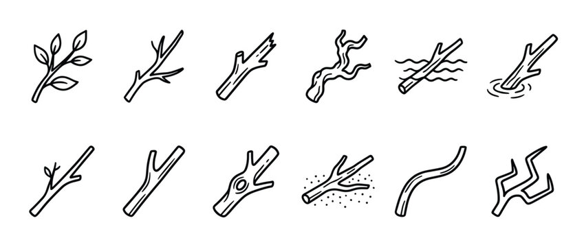 Collection of various hand-drawn tree branches and twigs in a simple black outline style, depicting natural elements