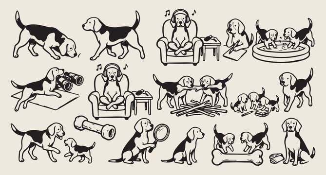 Dogs sitting patiently, puppy training line art, pet behavior vector, waiting dogs background, animal portrait pattern, canine obedience illustration, hand drawn dogs art
