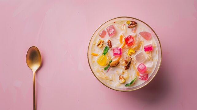 Creamy falooda dessert with colorful jelly cubes and crunchy nuts in a glass bowl served with a golden spoon on a minimalist pastel pink background studio shot