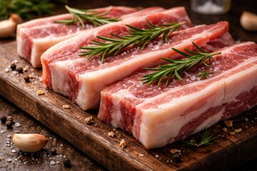 Fototapeta premium Close up of marbled raw pork belly slices with rosemary garnish on wooden cutting board