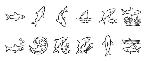 Fototapeta premium Collection of simple black outline shark illustrations in various poses and interactions, presented in a clean, graphic style