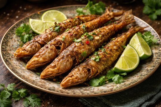 Appetizing Bombay Duck served on vintage plate with lime and fresh herbs