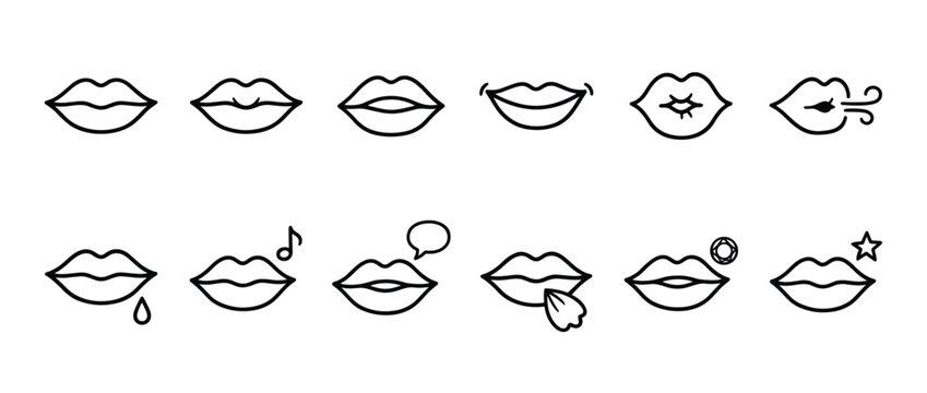 Collection of twelve black outline lip icons showing various expressions and actions in a clean, simple style