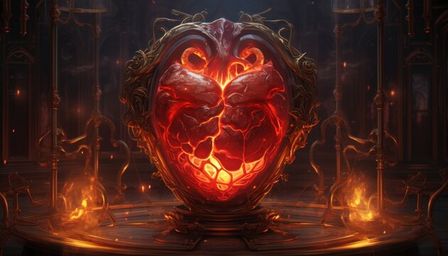 Artefact l&eacute;gendaire en forme de c&oelig;ur battant avec de la lave en fusion, entour&eacute; d'ornements complexes dans une atmosph&egrave;re de fantaisie sombre.