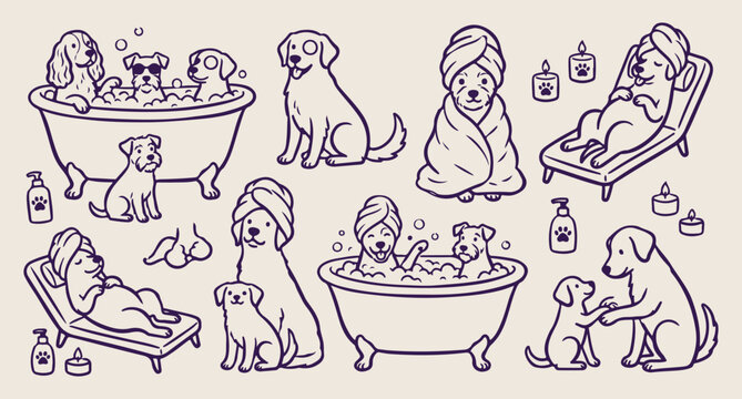 Dogs taking a bath, grooming spa line art, pet care vector pattern, cute puppies in towel, veterinary care background, animal spa illustration, pampered pets wallpaper
