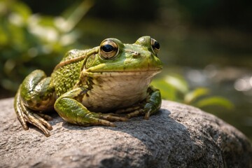 Fototapeta premium Green Frog Resting on Gray Stone Under Bright Sunlight