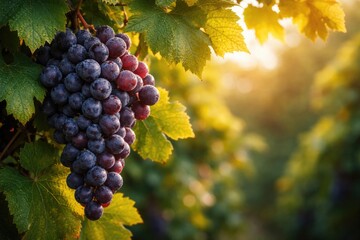 Fototapeta premium Close up of ripe wine grapes and leaves creating natural copy space